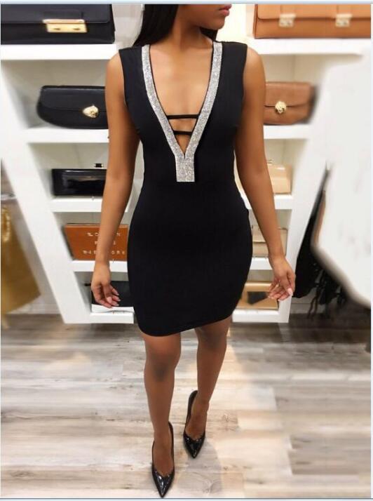 Sexy Slim Ladies Deep V-neck Bodycon Party Dresses Women Summer Sleeveless Hollow Out Backless Package Hip Dress Clubwear