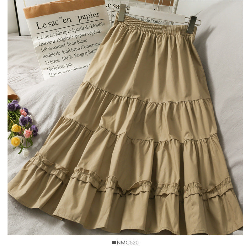Western Style Wild Wood Ear Stitching Mid-Length A-Line Skirt Female Spring Elastic Waist Thin Solid Color Skirt