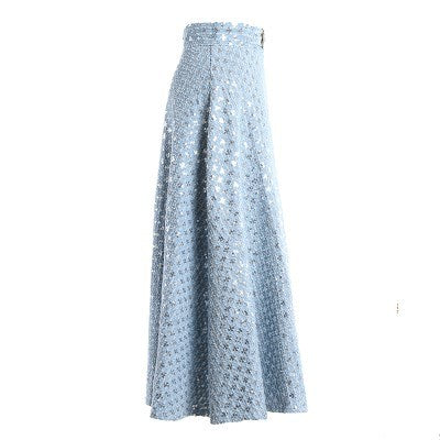 Mid-length Embroidered Sequins Hong Kong-style Retro High-waisted Umbrella Skirt