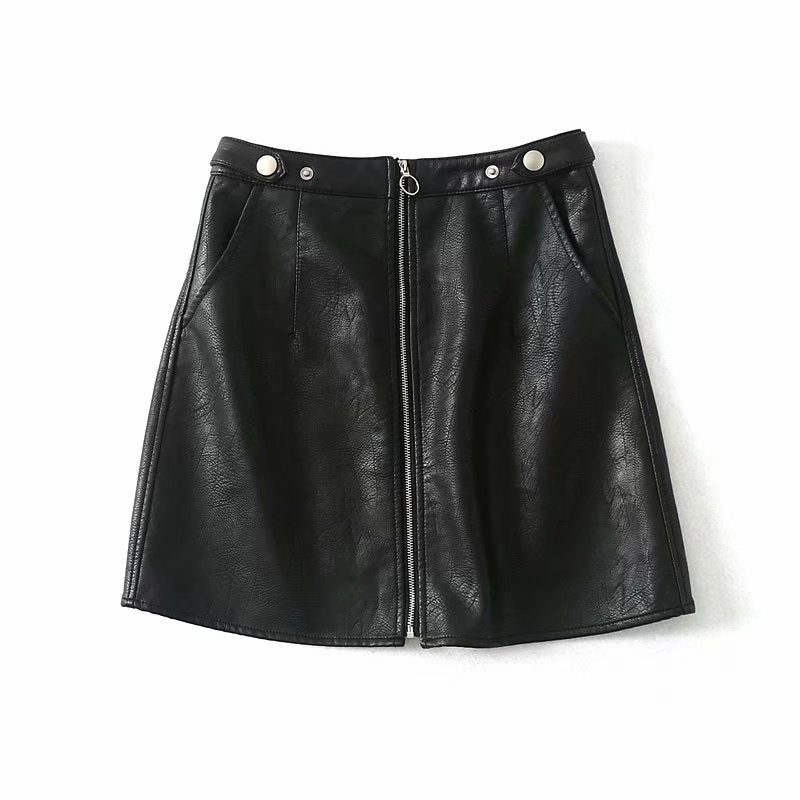 High Waist Slim Zipper PU Leather Skirt Short Skirt A-Line Skirt