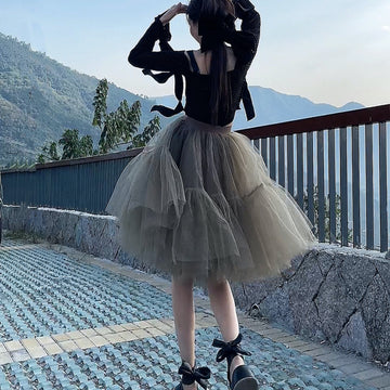 Black Tulle-Layered High-Waist A-Line Skirt, Women's Tutu Skirt Mesh Splicing Skirt Multi-layer Cake A-line Pleated Skirt Fairy Skirt