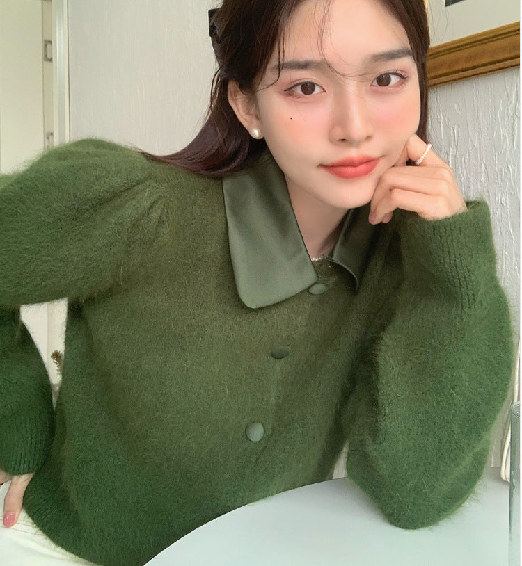 Retro French Elegant Silk Stitching Doll Collar Dehaired Angora Cardigan Sweater Coat For Women