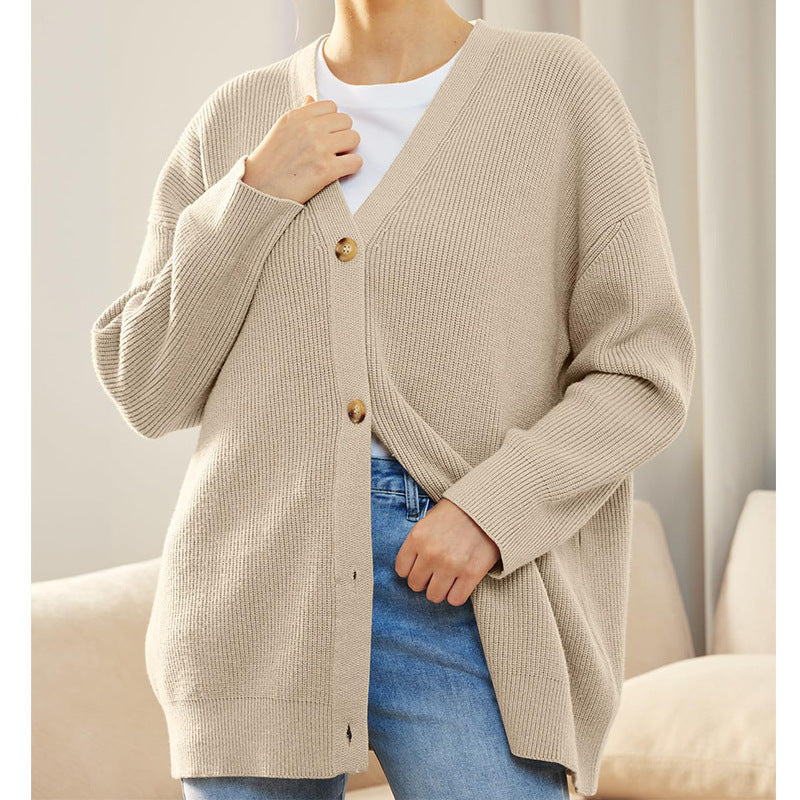 Simple All-match Knitted Cross-border Women's Clothing Amazon Collar Decorated With Buttons Solid Color Sweater For Women