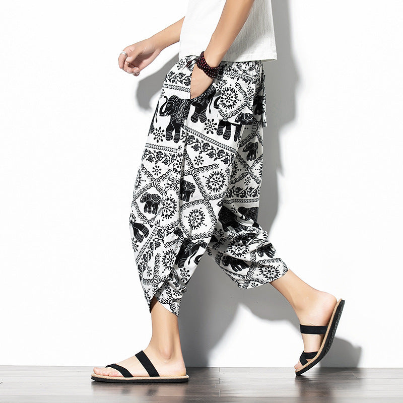 Printed Pants Baggy Cotton And Linen Loose Casual Cropped Pants