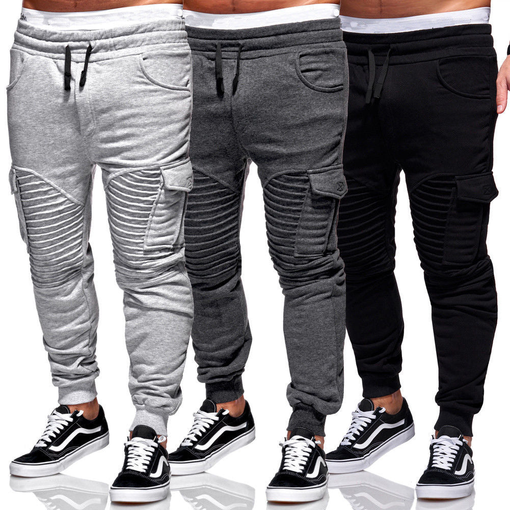 Men's Pleated Stitching Fitness Pants With Large Side Pockets