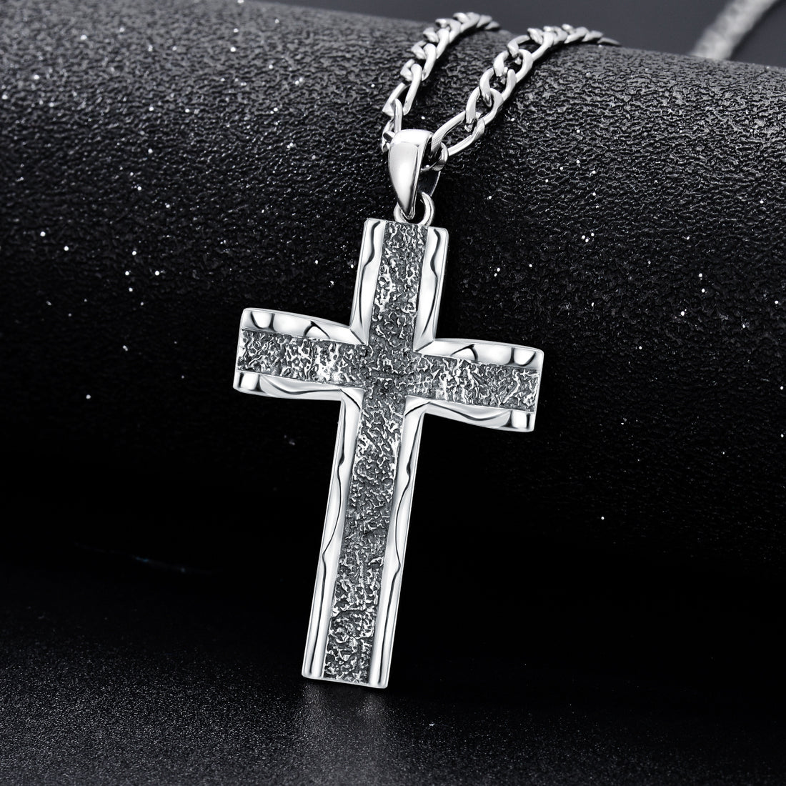 925 Sterling Silver Cross Pendant with Stainless Steel Figaro Chain Oxidized Cross Necklace Christian Jewelry