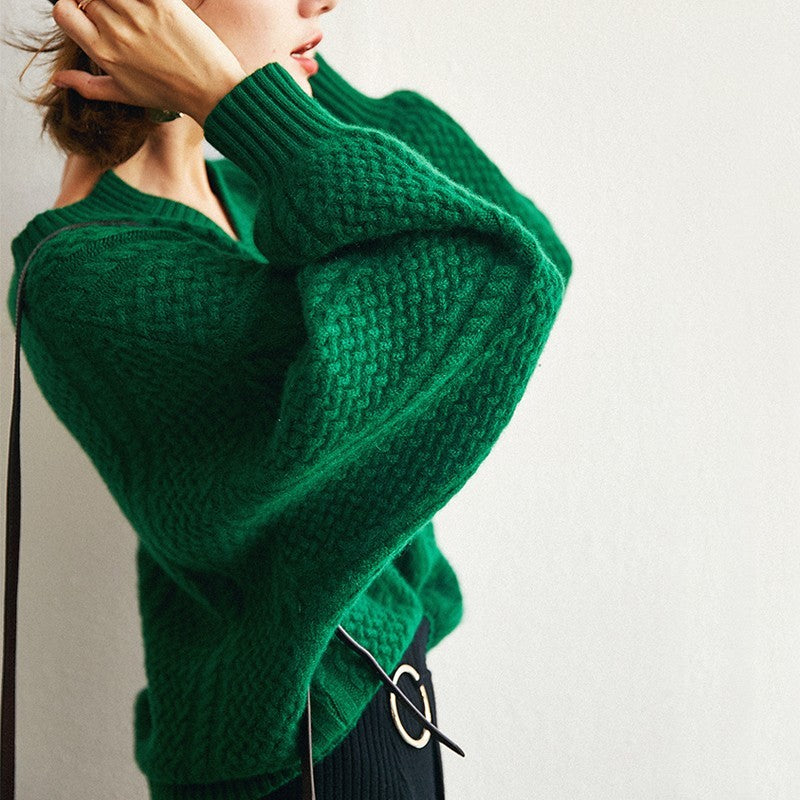 Emerald Wool Sweater Women V-neck Padded Pullover