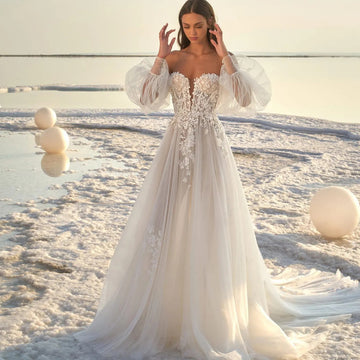 Women's Puff Sleeve Beach Wedding Dress