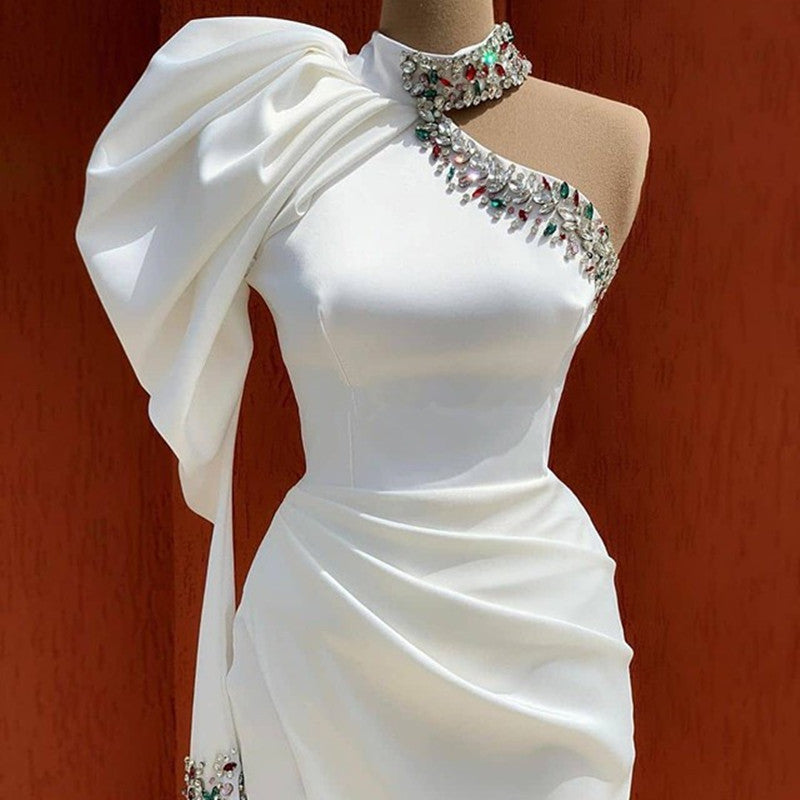 One Shoulder White Evening Ladies Birthday Dress
