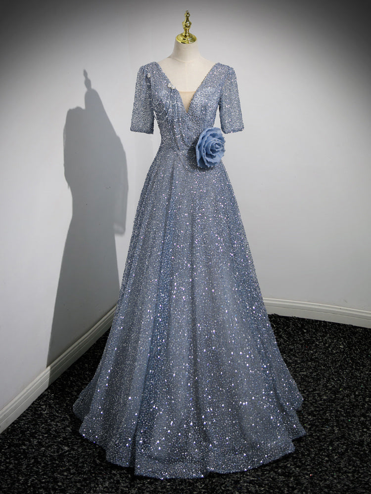 V-neck Heavy Embroidery Sequins Ash Blue Evening Dress