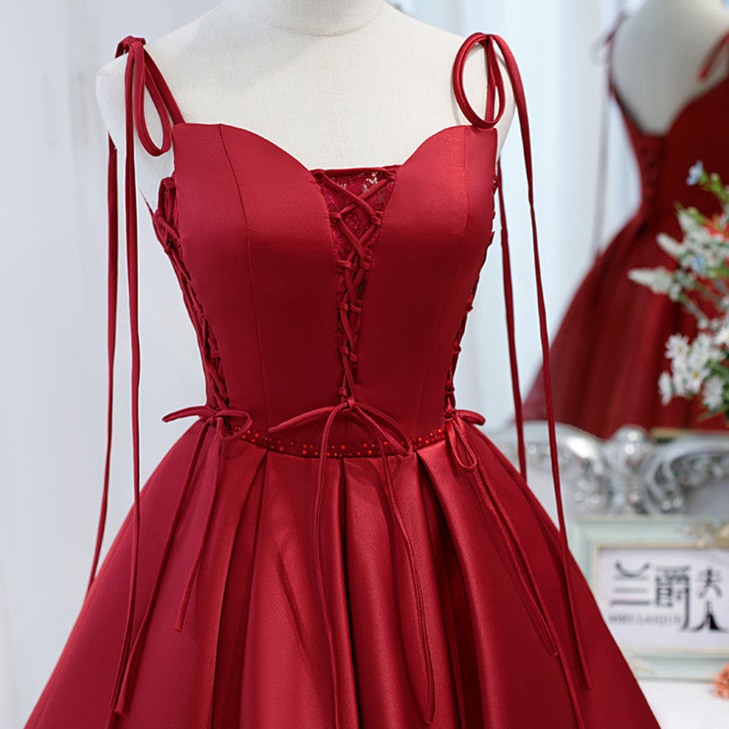 Wine Red Satin Lady's Slimming Annual Meeting Light Luxury Dress